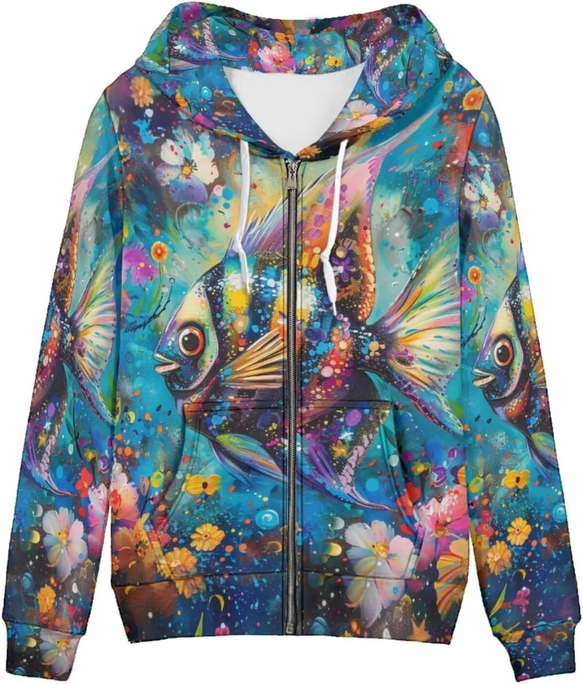 PinUp Angel Full Zip Up Hoodie Women Goth Sweatshirt Long Sleeve Art Animal Oil Painting Graphic Jacket Streetwear