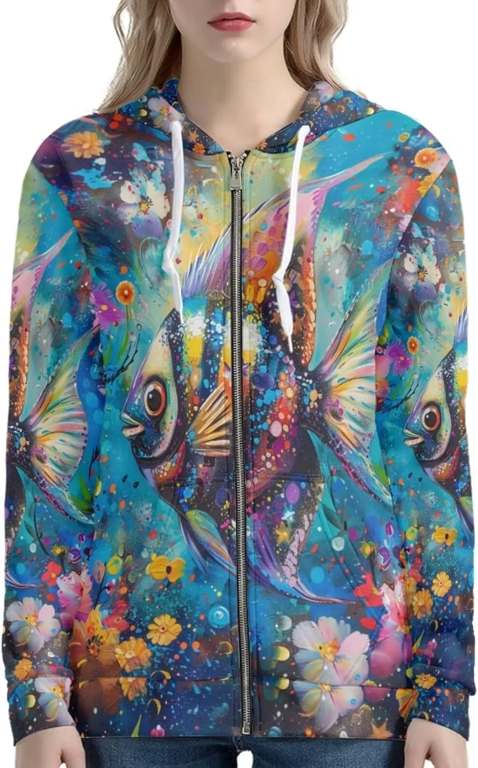 PinUp Angel Full Zip Up Hoodie Women Goth Sweatshirt Long Sleeve Art Animal Oil Painting Graphic Jacket Streetwear