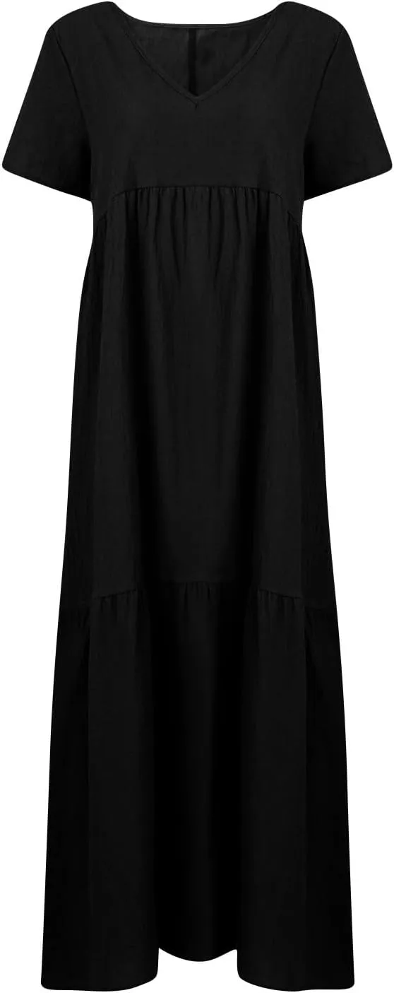 Plus Size Maxi Dresses for Curvy Women Summer Linen Dress Short Sleeve V Neck Long Sundress Flowy Beach Dress