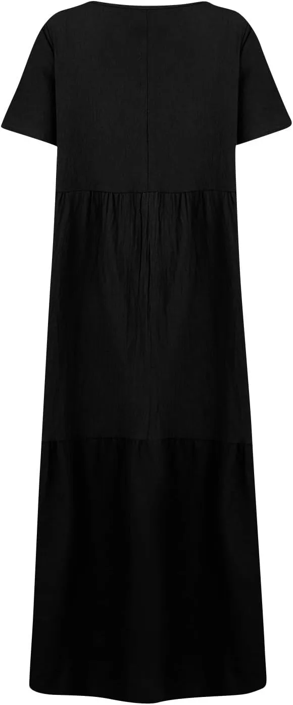 Plus Size Maxi Dresses for Curvy Women Summer Linen Dress Short Sleeve V Neck Long Sundress Flowy Beach Dress