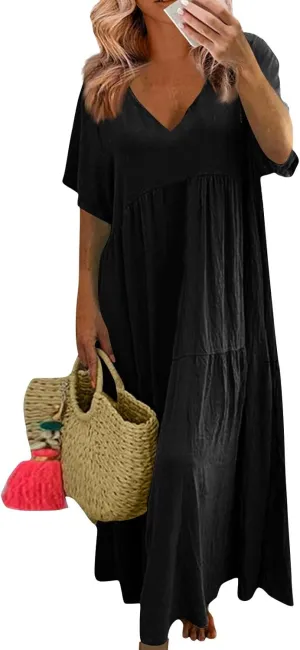 Plus Size Maxi Dresses for Curvy Women Summer Linen Dress Short Sleeve V Neck Long Sundress Flowy Beach Dress