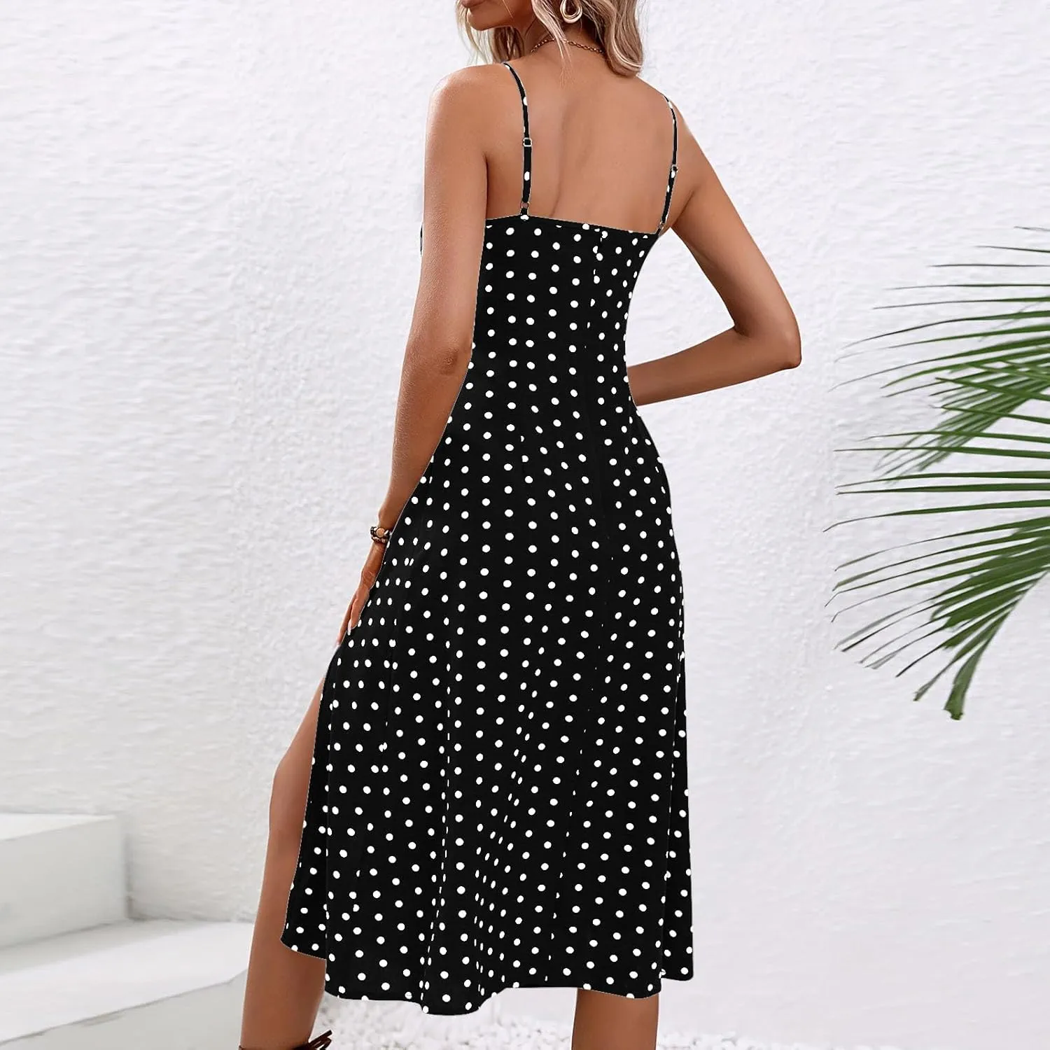 Polka Dot Summer Dresses for Women Sleeveless Ruched High Waist Casual Flowy Side Slit Cami Dress Boho Beach Sundress
