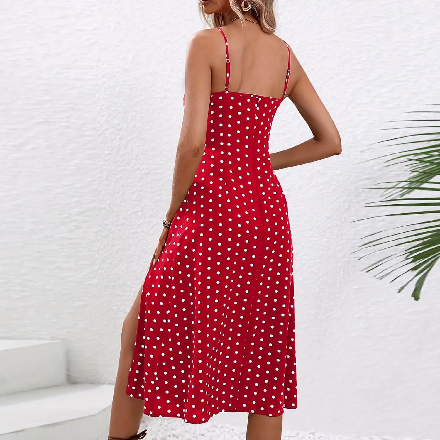 Polka Dot Summer Dresses for Women Sleeveless Ruched High Waist Casual Flowy Side Slit Cami Dress Boho Beach Sundress