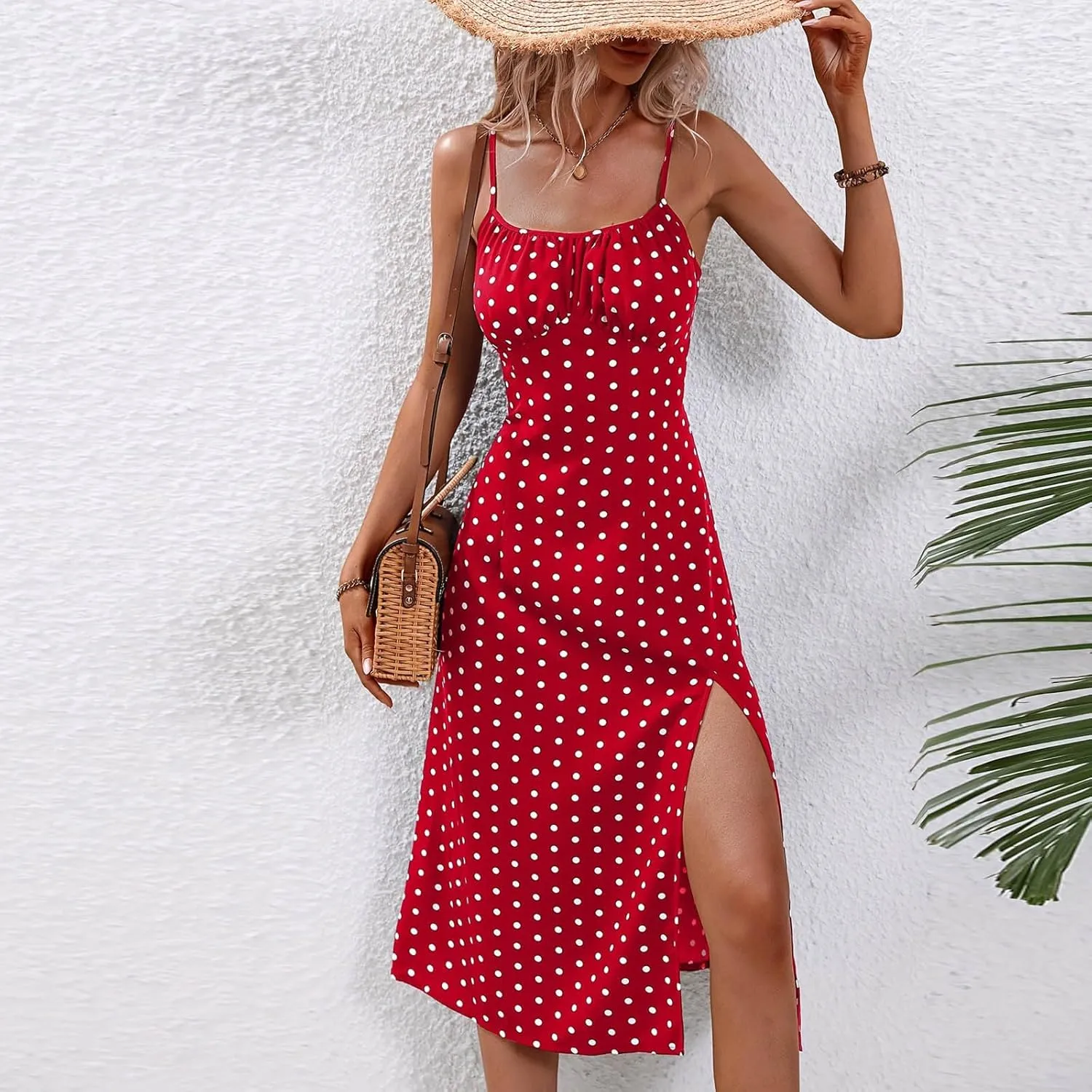 Polka Dot Summer Dresses for Women Sleeveless Ruched High Waist Casual Flowy Side Slit Cami Dress Boho Beach Sundress