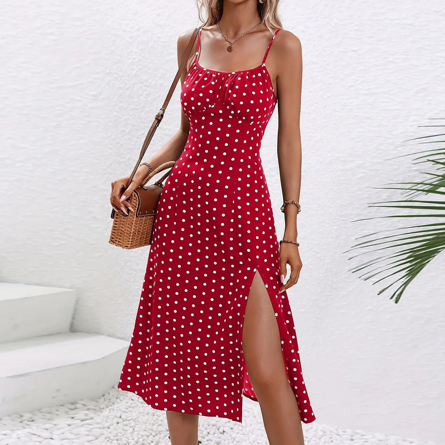 Polka Dot Summer Dresses for Women Sleeveless Ruched High Waist Casual Flowy Side Slit Cami Dress Boho Beach Sundress