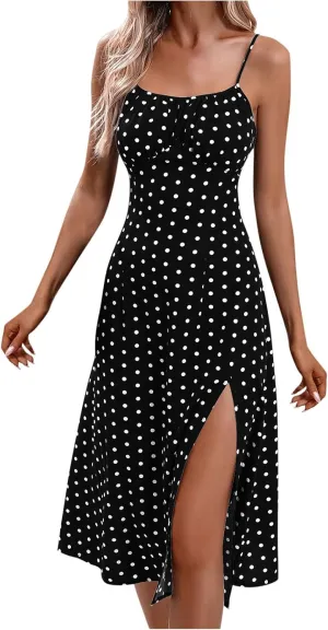 Polka Dot Summer Dresses for Women Sleeveless Ruched High Waist Casual Flowy Side Slit Cami Dress Boho Beach Sundress