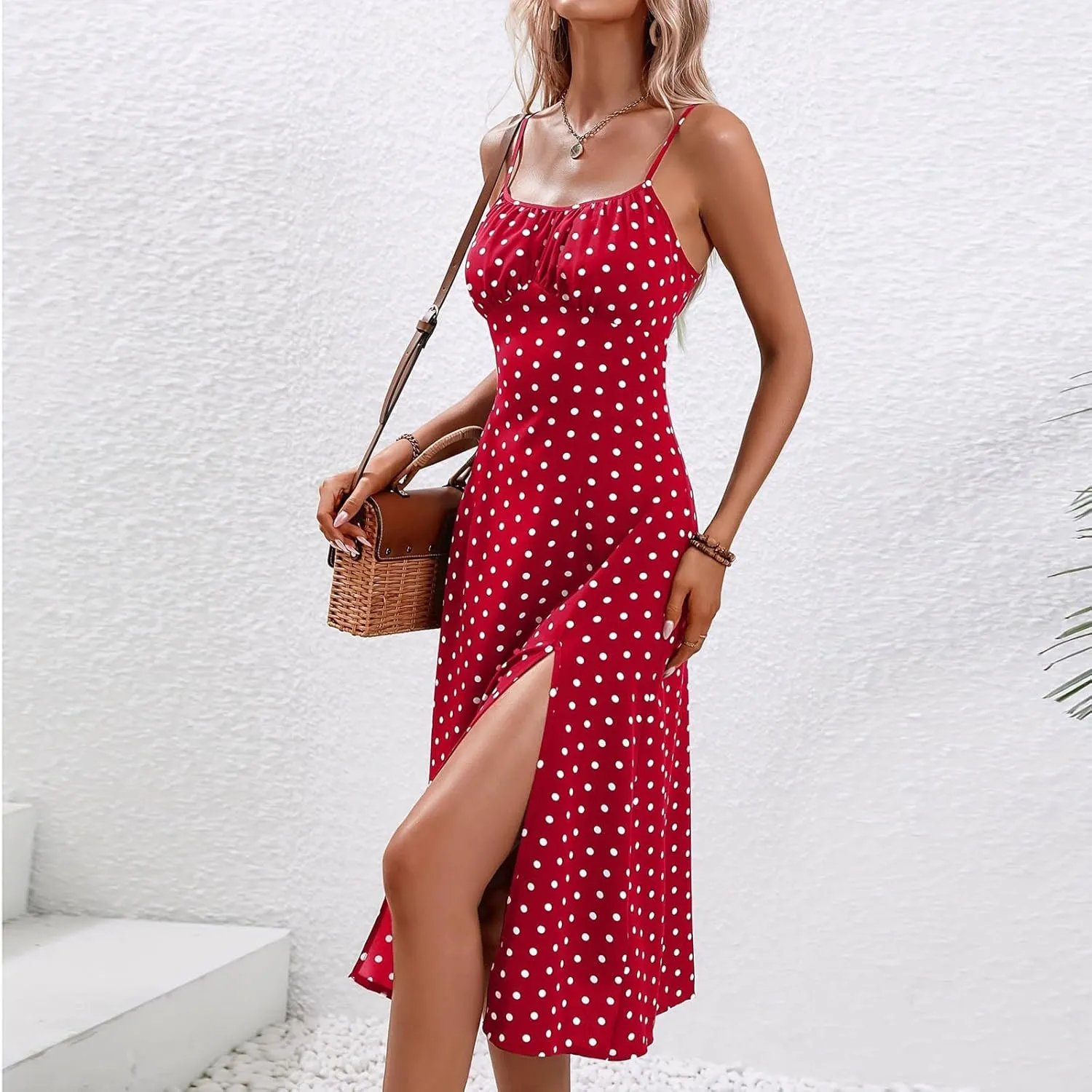 Polka Dot Summer Dresses for Women Sleeveless Ruched High Waist Casual Flowy Side Slit Cami Dress Boho Beach Sundress