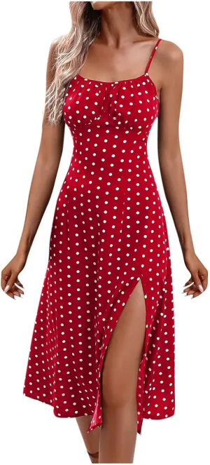 Polka Dot Summer Dresses for Women Sleeveless Ruched High Waist Casual Flowy Side Slit Cami Dress Boho Beach Sundress