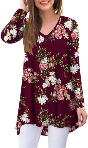 POPYOUNG Women's Fall Long Sleeve Tunic Tops for Leggings V-Neck Casual Blouse T-Shirt