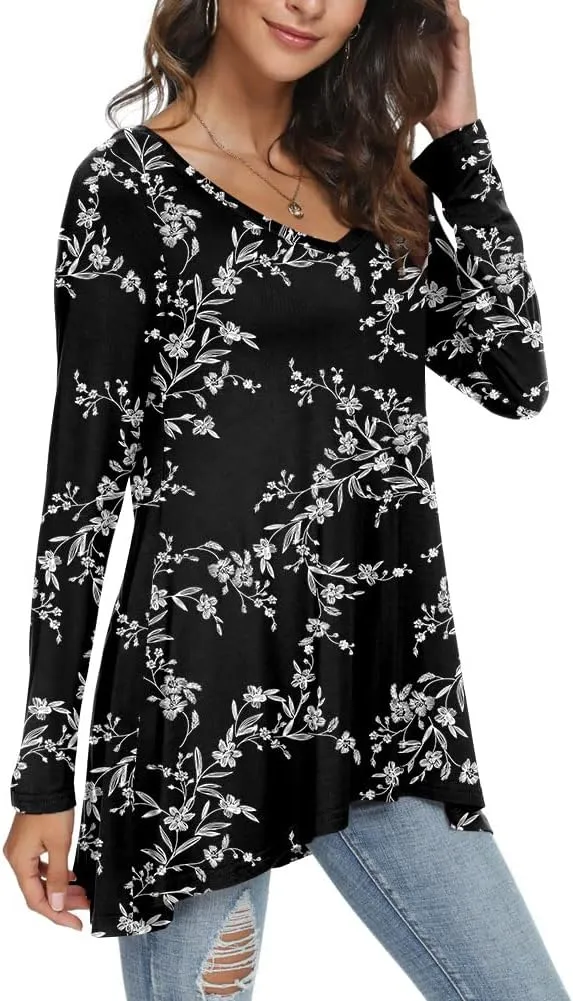 POPYOUNG Women's Fall Long Sleeve Tunic Tops for Leggings V-Neck Casual Blouse T-Shirt