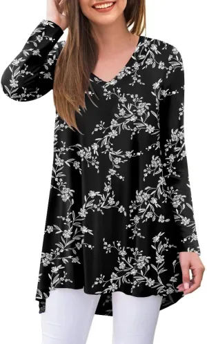 POPYOUNG Women's Fall Long Sleeve Tunic Tops for Leggings V-Neck Casual Blouse T-Shirt