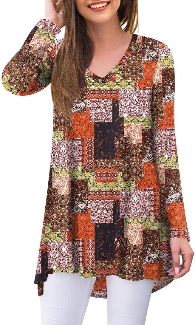 POPYOUNG Women's Fall Long Sleeve Tunic Tops for Leggings V-Neck Casual Blouse T-Shirt