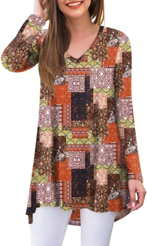 POPYOUNG Women's Fall Long Sleeve Tunic Tops for Leggings V-Neck Casual Blouse T-Shirt