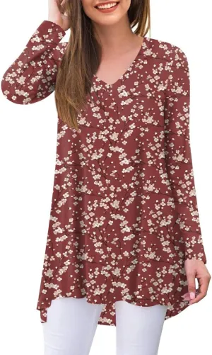 POPYOUNG Women's Fall Long Sleeve Tunic Tops for Leggings V-Neck Casual Blouse T-Shirt