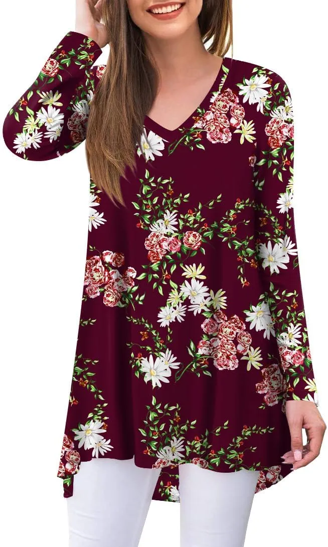 POPYOUNG Women's Fall Long Sleeve Tunic Tops for Leggings V-Neck Casual Blouse T-Shirt