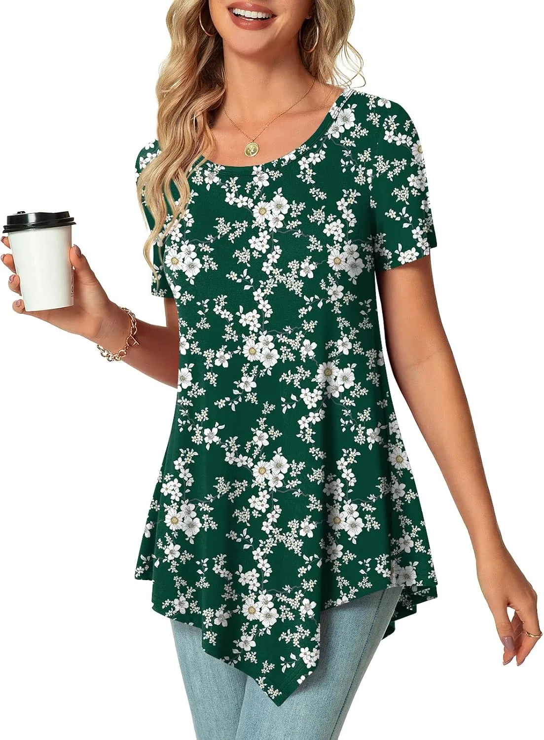 POPYOUNG Womens Summer Short Sleeve Tunic Asymmetrical Tops Casual Swing Blouse Shirts
