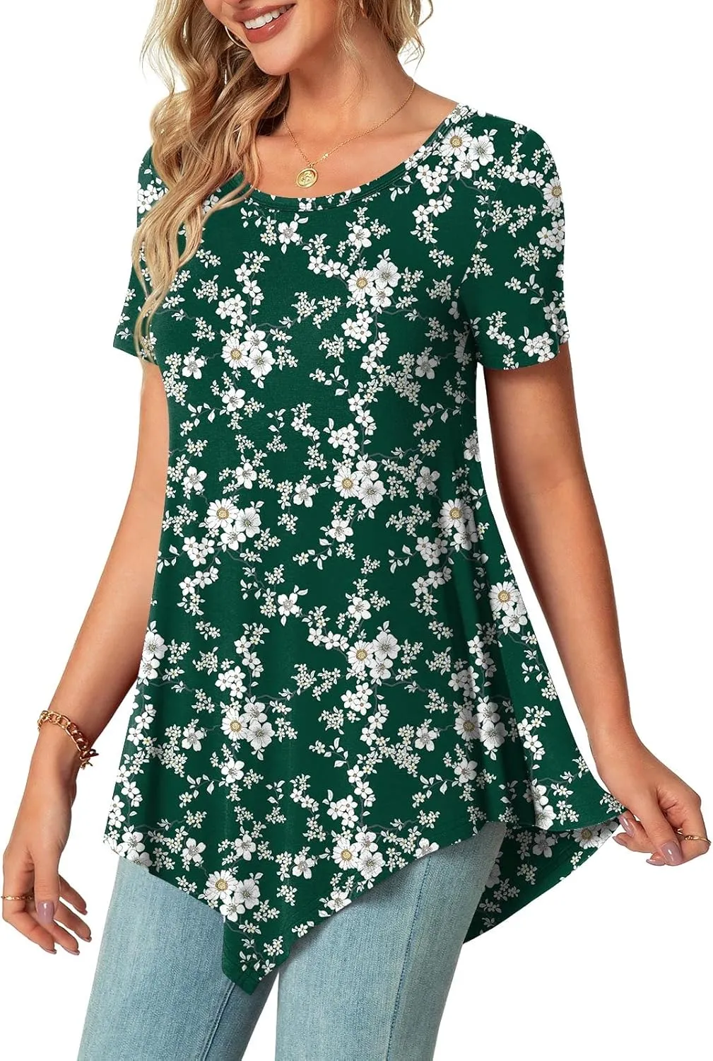 POPYOUNG Womens Summer Short Sleeve Tunic Asymmetrical Tops Casual Swing Blouse Shirts