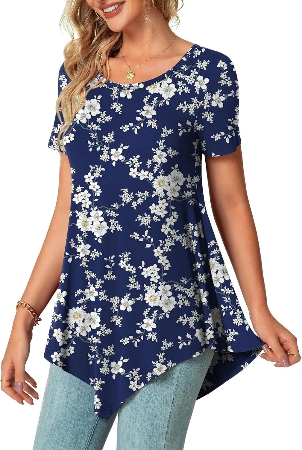 POPYOUNG Womens Summer Short Sleeve Tunic Asymmetrical Tops Casual Swing Blouse Shirts