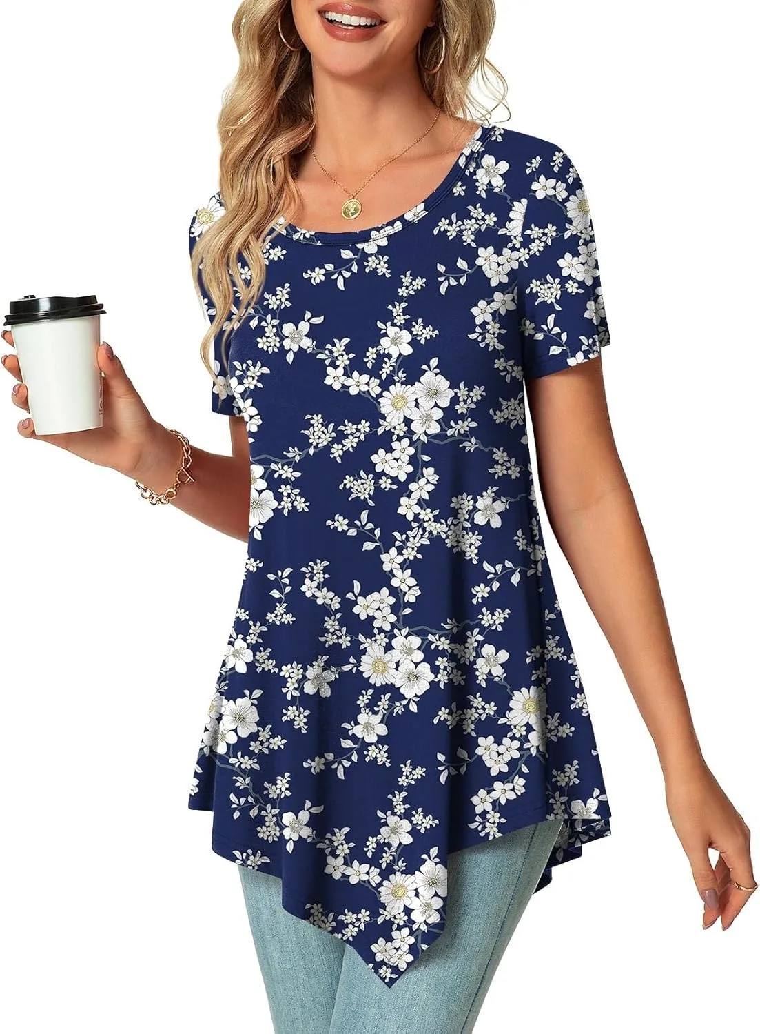 POPYOUNG Womens Summer Short Sleeve Tunic Asymmetrical Tops Casual Swing Blouse Shirts