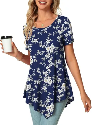 POPYOUNG Womens Summer Short Sleeve Tunic Asymmetrical Tops Casual Swing Blouse Shirts