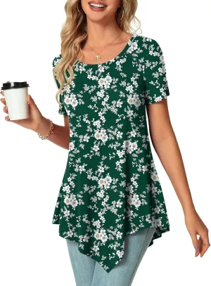 POPYOUNG Womens Summer Short Sleeve Tunic Asymmetrical Tops Casual Swing Blouse Shirts