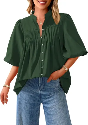 PRETTYGARDEN Women's 2025 Summer Short Lantern Sleeve Tops Loose Fit Button Down Shirt Casual Pleated V Neck Blouses