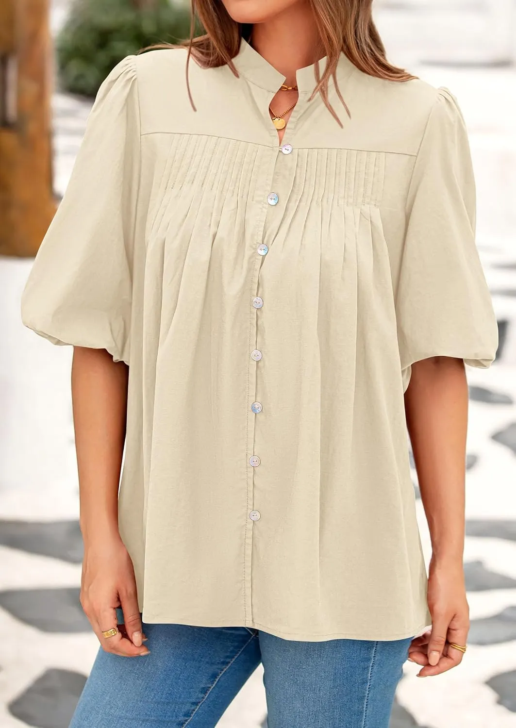 PRETTYGARDEN Women's 2025 Summer Short Lantern Sleeve Tops Loose Fit Button Down Shirt Casual Pleated V Neck Blouses