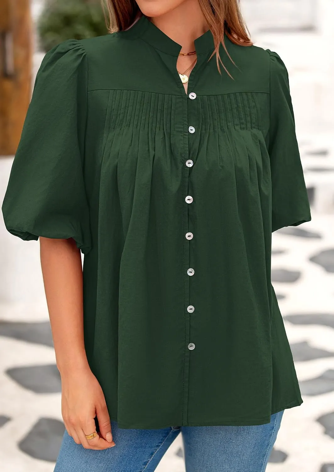 PRETTYGARDEN Women's 2025 Summer Short Lantern Sleeve Tops Loose Fit Button Down Shirt Casual Pleated V Neck Blouses