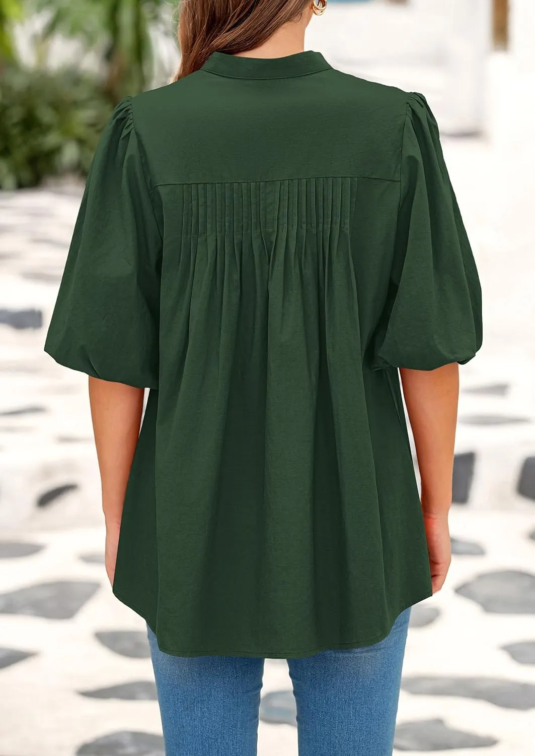 PRETTYGARDEN Women's 2025 Summer Short Lantern Sleeve Tops Loose Fit Button Down Shirt Casual Pleated V Neck Blouses