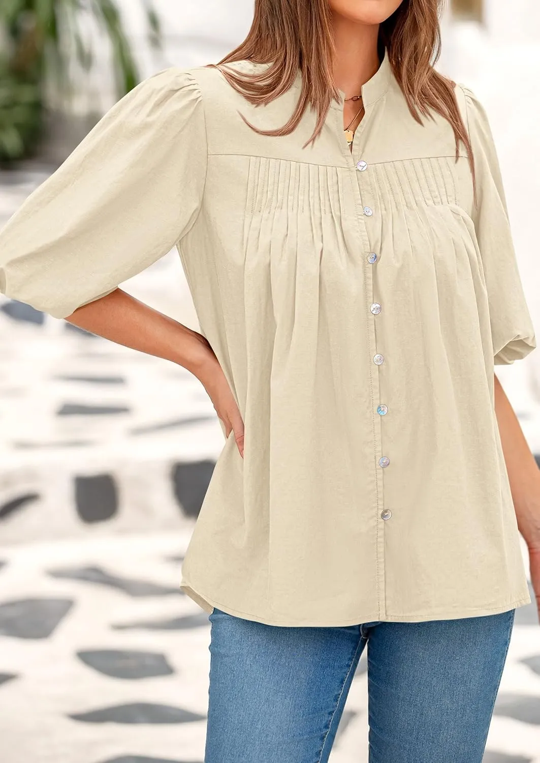 PRETTYGARDEN Women's 2025 Summer Short Lantern Sleeve Tops Loose Fit Button Down Shirt Casual Pleated V Neck Blouses