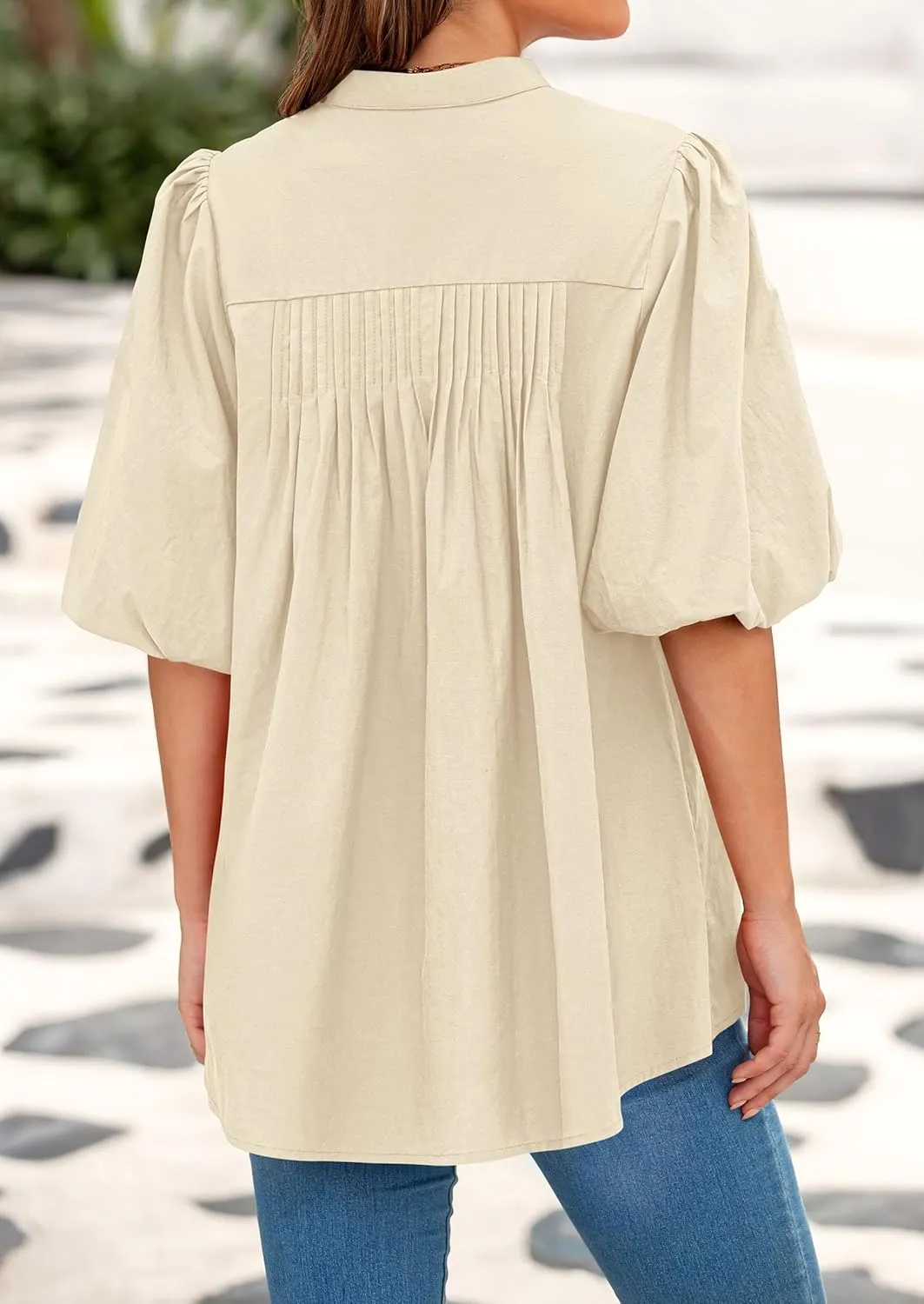 PRETTYGARDEN Women's 2025 Summer Short Lantern Sleeve Tops Loose Fit Button Down Shirt Casual Pleated V Neck Blouses