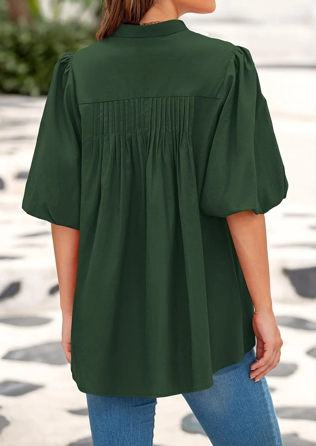 PRETTYGARDEN Women's 2025 Summer Short Lantern Sleeve Tops Loose Fit Button Down Shirt Casual Pleated V Neck Blouses