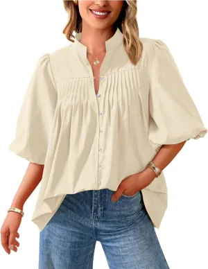 PRETTYGARDEN Women's 2025 Summer Short Lantern Sleeve Tops Loose Fit Button Down Shirt Casual Pleated V Neck Blouses