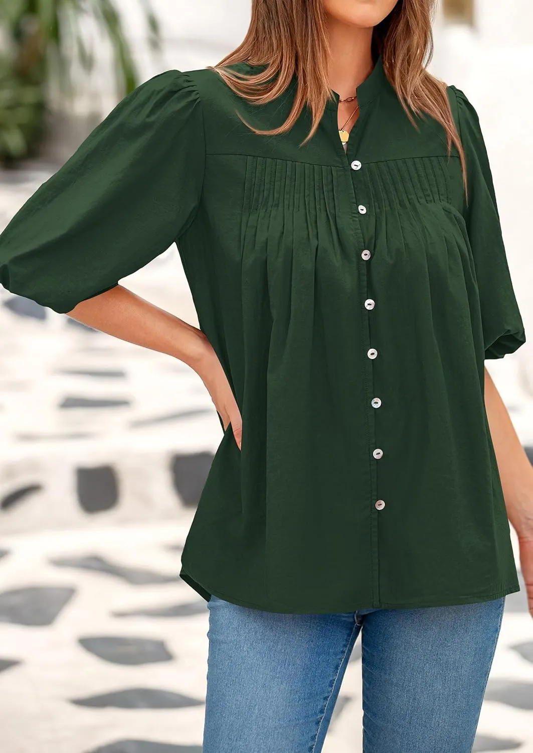 PRETTYGARDEN Women's 2025 Summer Short Lantern Sleeve Tops Loose Fit Button Down Shirt Casual Pleated V Neck Blouses