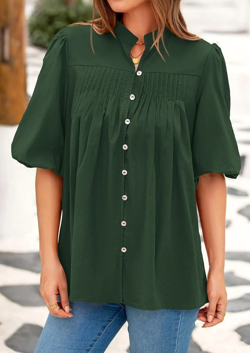 PRETTYGARDEN Women's 2025 Summer Short Lantern Sleeve Tops Loose Fit Button Down Shirt Casual Pleated V Neck Blouses