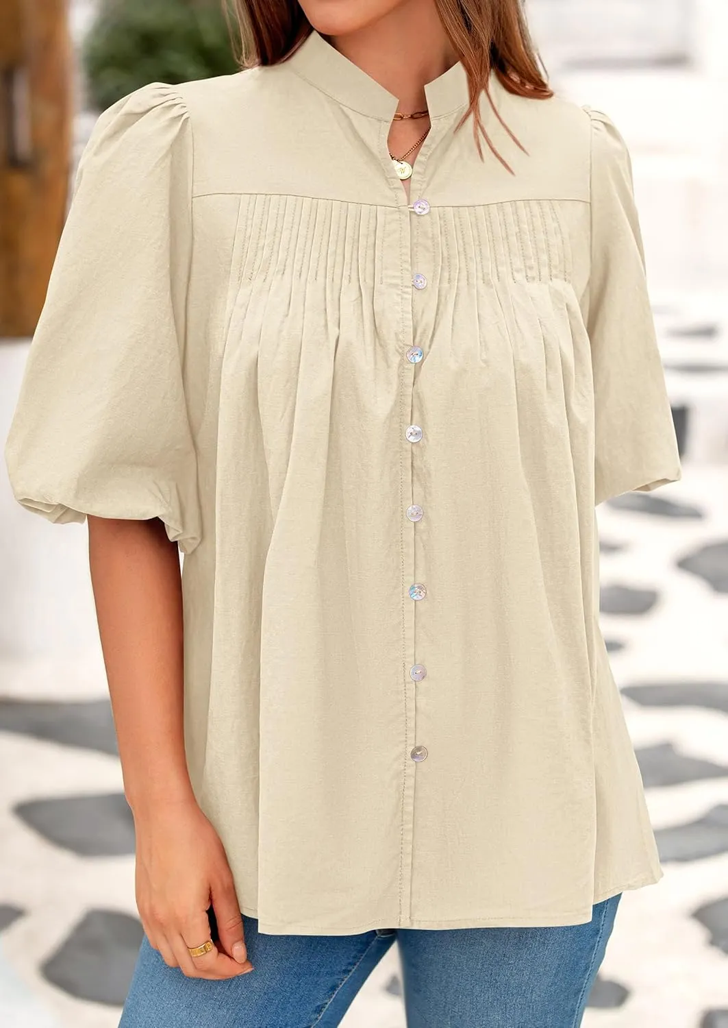 PRETTYGARDEN Women's 2025 Summer Short Lantern Sleeve Tops Loose Fit Button Down Shirt Casual Pleated V Neck Blouses
