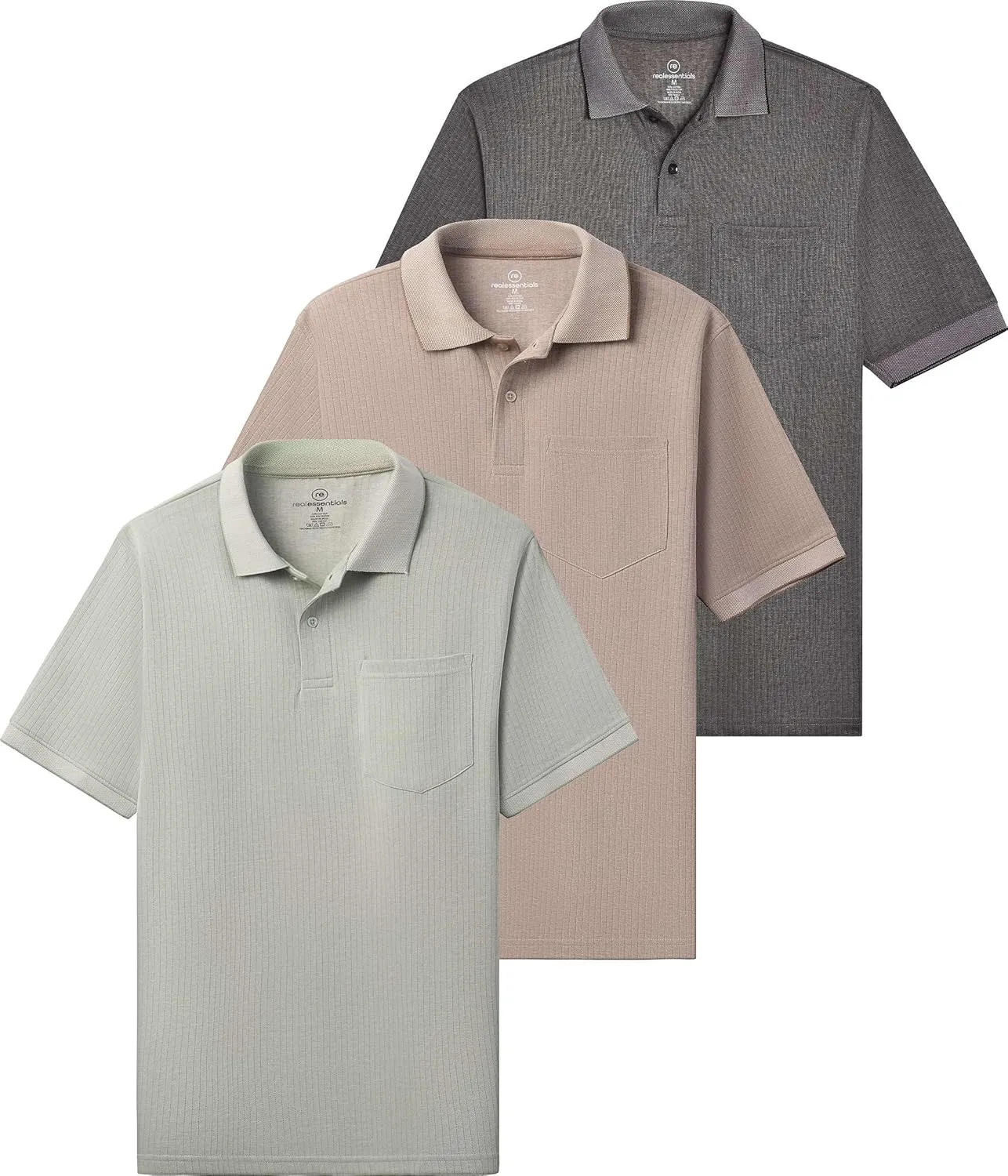Real Essentials 3 Pack: Men's Regular-Fit Ribbed Polo Shirt with Pocket (Available in Big & Tall)