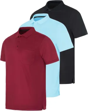 Real Essentials 3 Pack: Mens Short Sleeve Dry-Fit Collared Polo Shirt with Pocket - Active Casual (Available Big & Tall)
