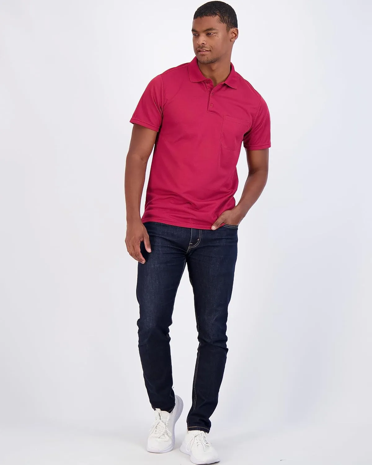 Real Essentials 3 Pack: Mens Short Sleeve Dry-Fit Collared Polo Shirt with Pocket - Active Casual (Available Big & Tall)