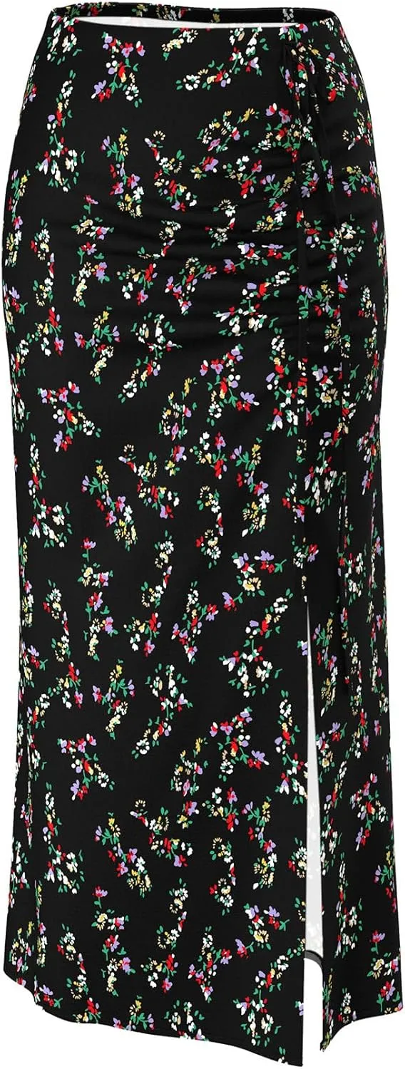 Relipop Women's Floral Boho Midi Skirt with Slit High Waisted Elastic Ruched Skirts Summer Sexy Leopard Print Skirt