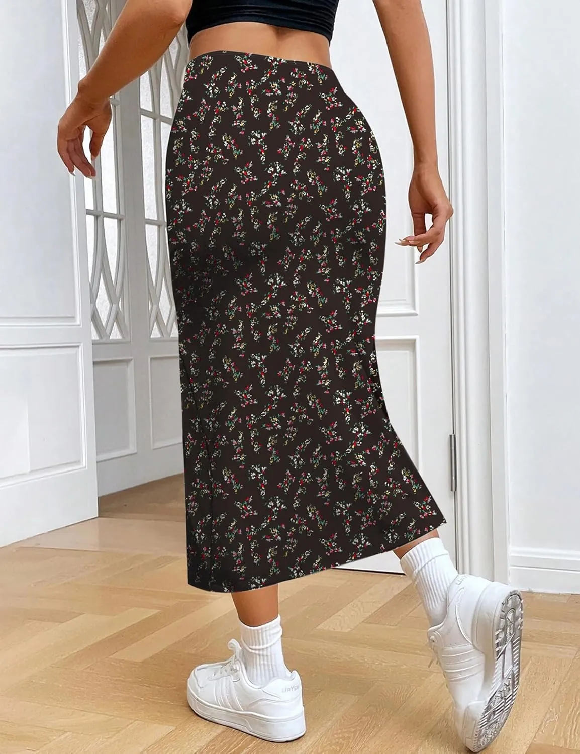 Relipop Women's Floral Boho Midi Skirt with Slit High Waisted Elastic Ruched Skirts Summer Sexy Leopard Print Skirt