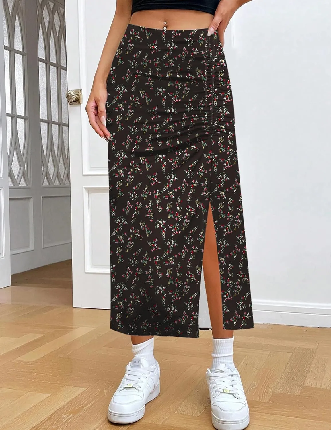 Relipop Women's Floral Boho Midi Skirt with Slit High Waisted Elastic Ruched Skirts Summer Sexy Leopard Print Skirt