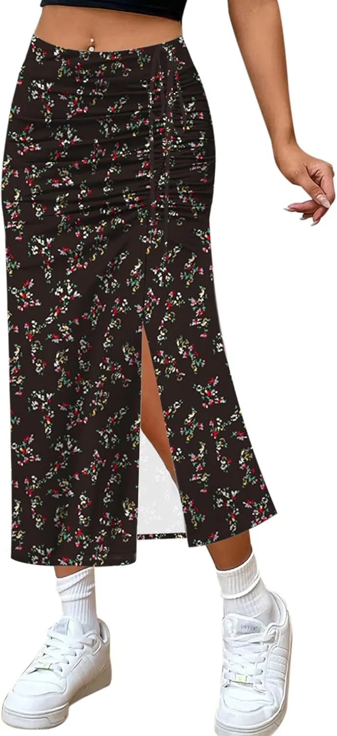 Relipop Women's Floral Boho Midi Skirt with Slit High Waisted Elastic Ruched Skirts Summer Sexy Leopard Print Skirt