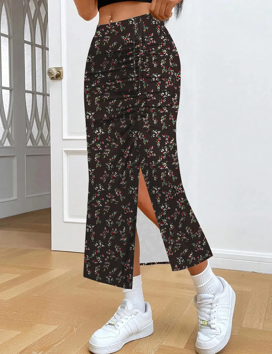 Relipop Women's Floral Boho Midi Skirt with Slit High Waisted Elastic Ruched Skirts Summer Sexy Leopard Print Skirt