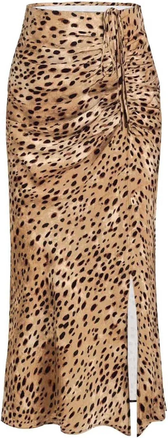 Relipop Women's Floral Boho Midi Skirt with Slit High Waisted Elastic Ruched Skirts Summer Sexy Leopard Print Skirt