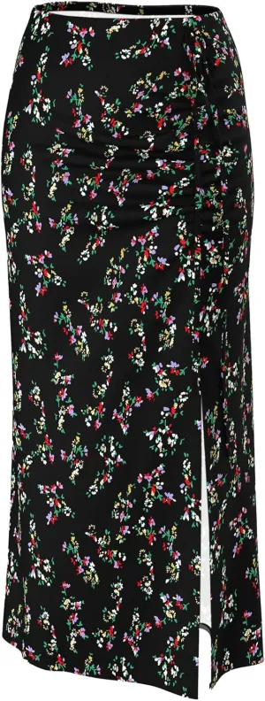 Relipop Women's Floral Boho Midi Skirt with Slit High Waisted Elastic Ruched Skirts Summer Sexy Leopard Print Skirt