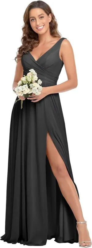 Rjer Women's Chiffon V Neck Bridesmaid Dresses for Women Long Ruched A Line Pleated Formal Evening Dress with Slit