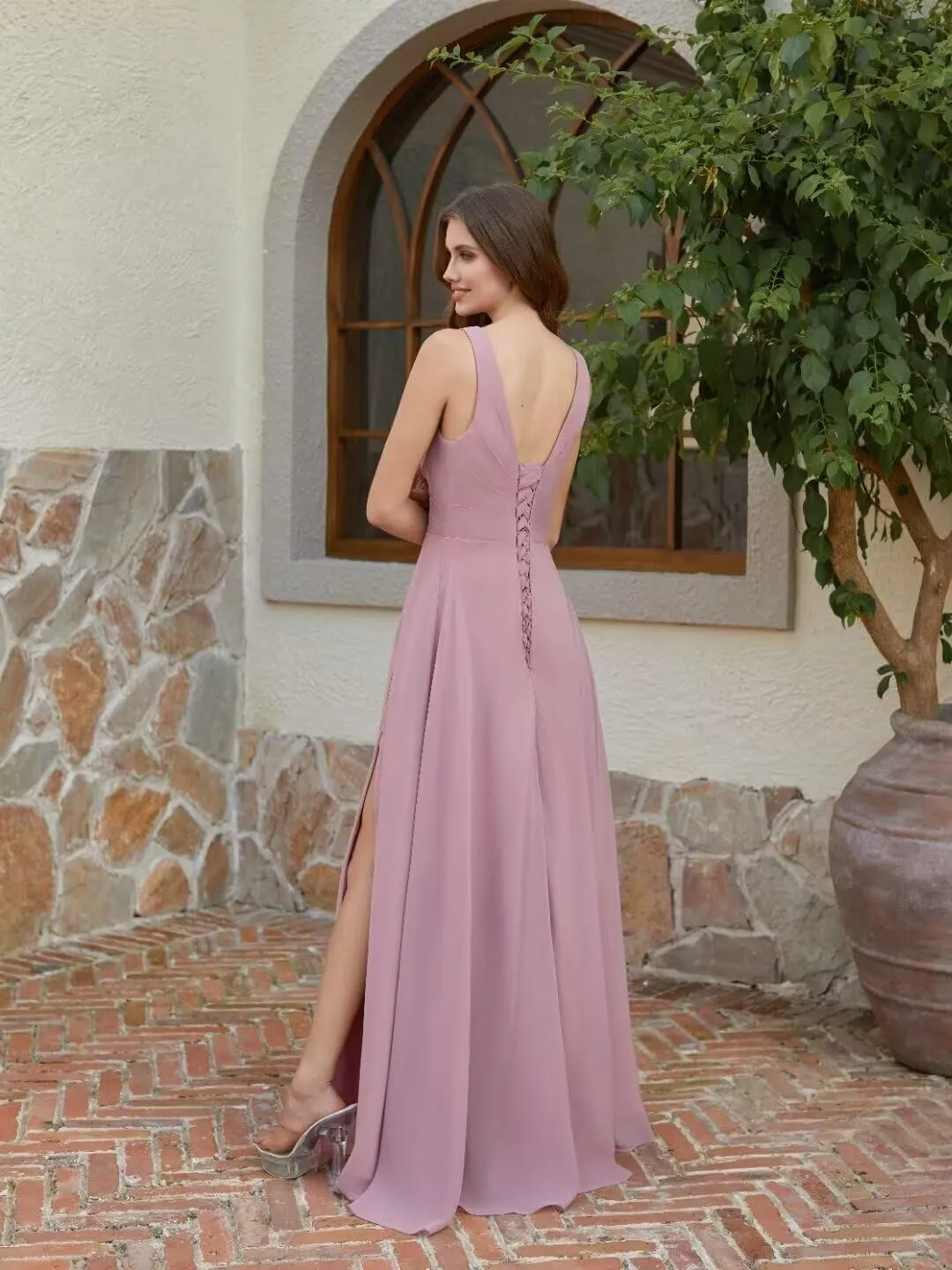 Rjer Women's Chiffon V Neck Bridesmaid Dresses for Women Long Ruched A Line Pleated Formal Evening Dress with Slit