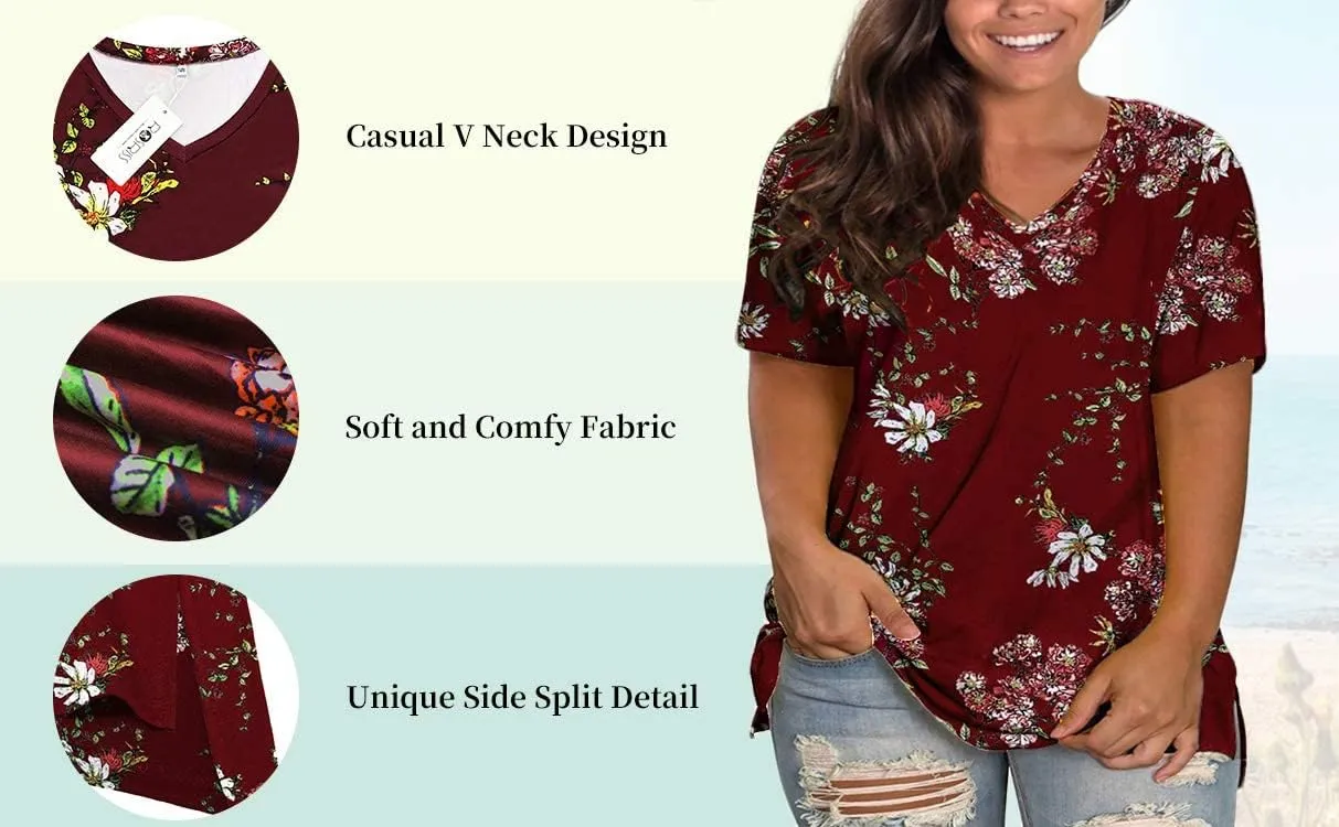 ROSRISS Womens Plus Size Short Sleeve T Shirt V Neck High Low Tops Blouse Tunics with Side Split