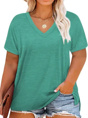 ROSRISS Womens Plus Size Short Sleeve T Shirt V Neck High Low Tops Blouse Tunics with Side Split